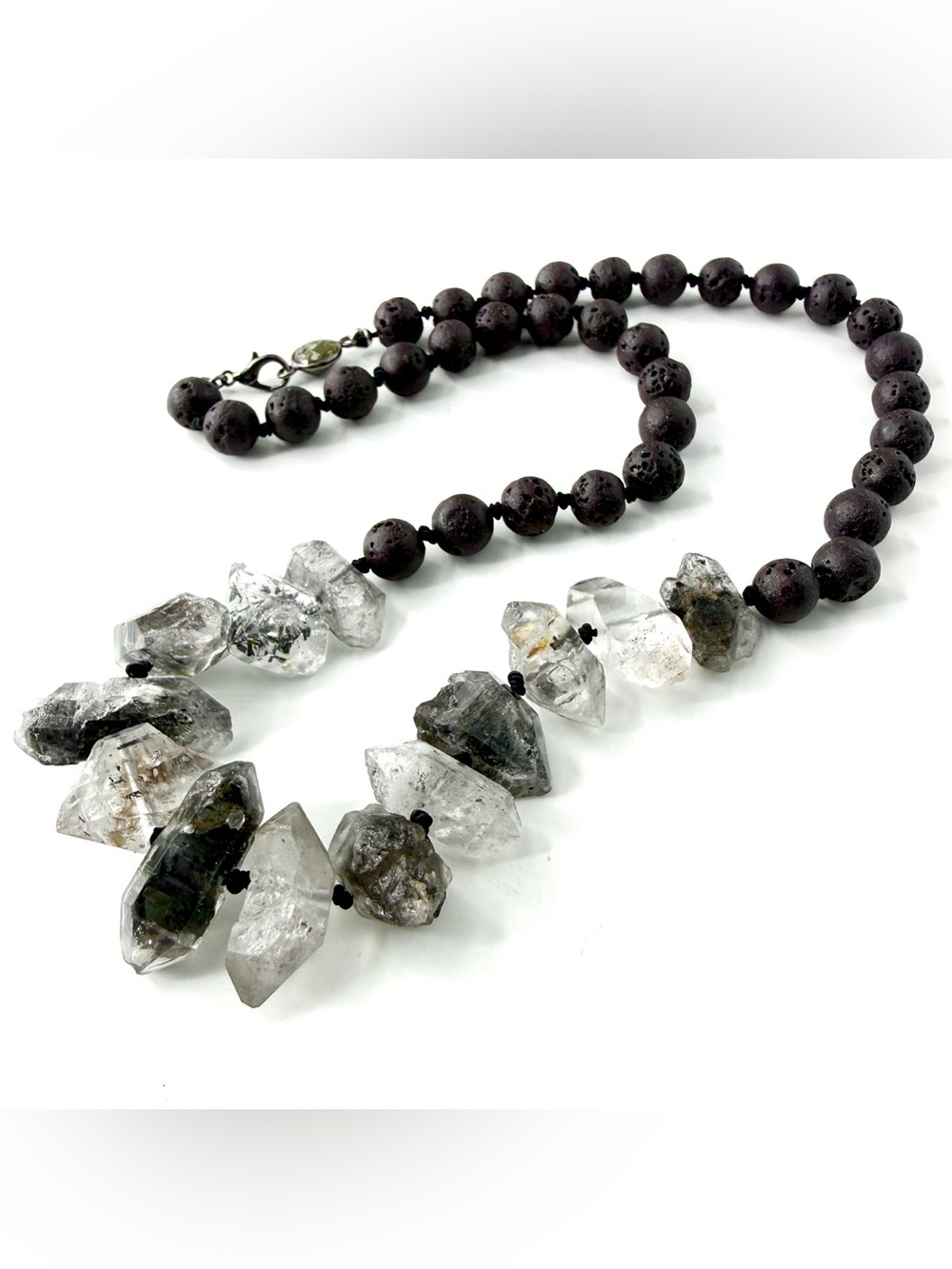 Black Lava Bead Necklace with Clear Quartz Crystal Accents